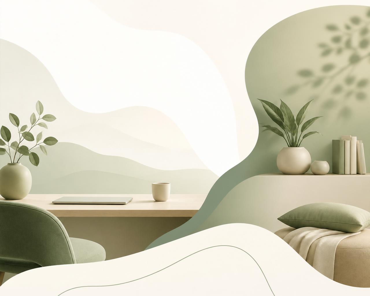 Calm minimal workspace with soft sage and sand tones